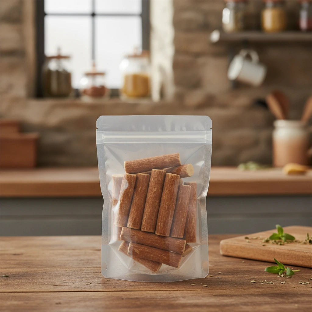 Hispid Fig Root Pieces (Tetrastigma Hypoglaucum) | The herb/berry/powder/fruit/root/bark that is in the black bowl, i would like it to shown in a plastic stand up resalable pouch that is clear.