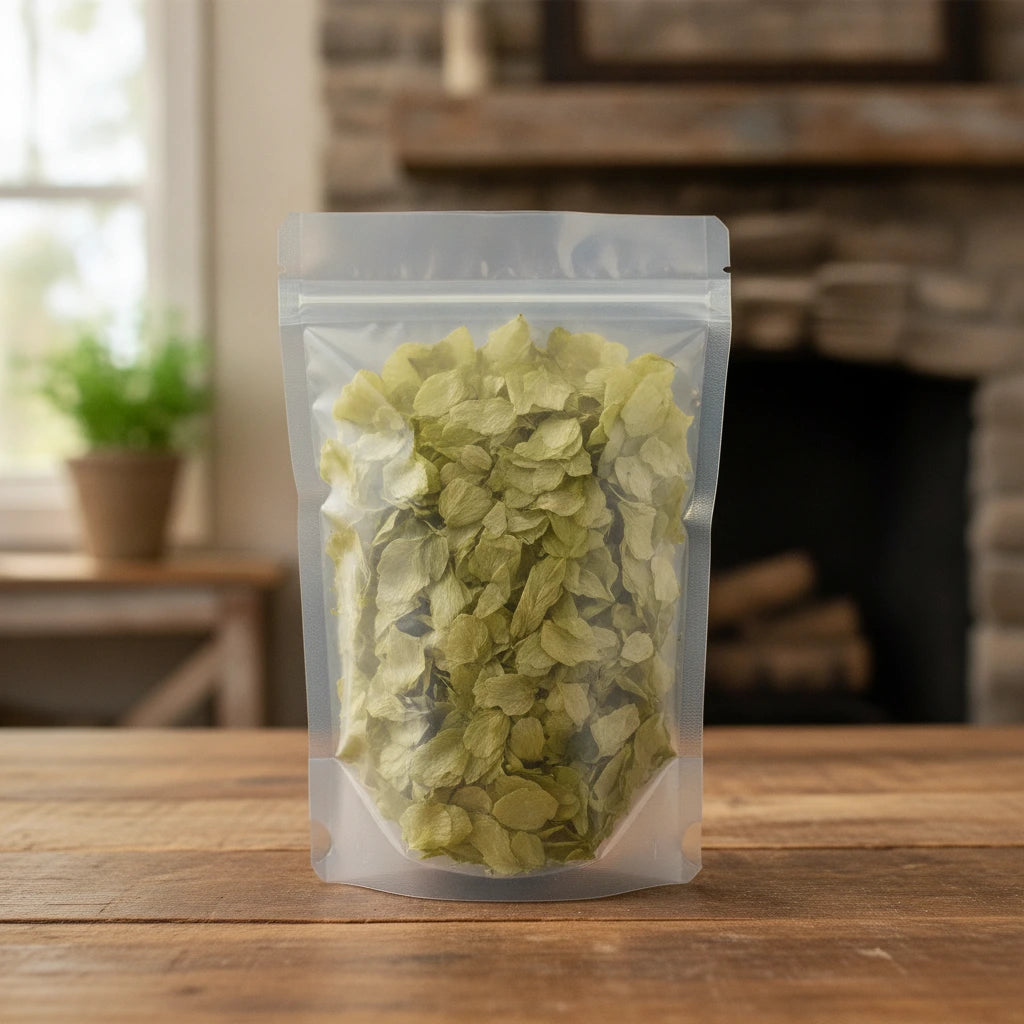 Hops Flowers Whole (Humulus Lupulus) | The herb/berry/powder/fruit/root/bark that is in the black bowl, i would like it to shown in a plastic stand up resalable pouch that is clear.