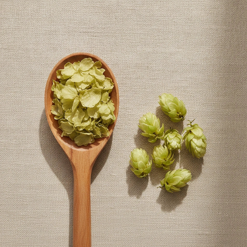 Hops Flowers Whole (Humulus Lupulus) | Create a luxurious, photorealistic product photograph featuring the original product naturally arranged in an elegant handcrafted wooden spoon on a soft, finely