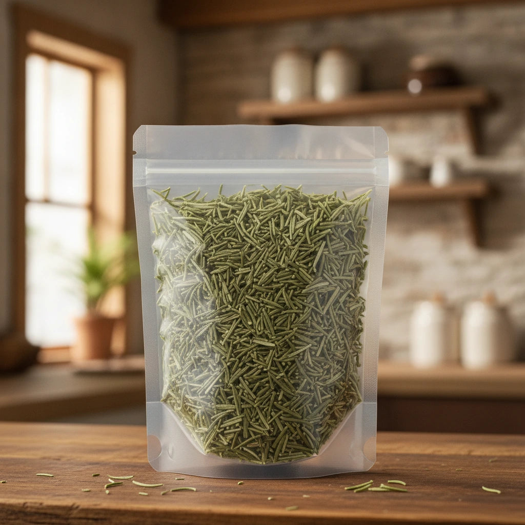 Horsetail Herb Cut (Equisetum Arvense) | The herb/berry/powder/fruit/root/bark that is in the black bowl, i would like it to shown in a plastic stand up resalable pouch that is clear.