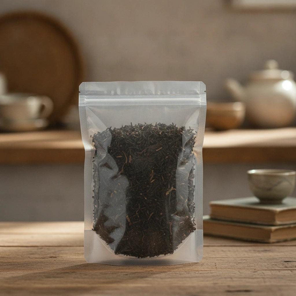 Irish Breakfast Blend Black Tea (Camellia Sinensis) | The herb/powder/tea that is in the black bowl, i would like it to shown in a plastic stand up resalable bag that is clear.