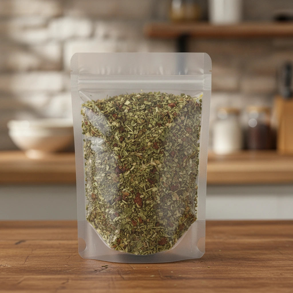 Italian Spice Blend | The herb/berry/powder/fruit/root/bark that is in the black bowl, i would like it to shown in a plastic stand up resalable pouch that is clear.