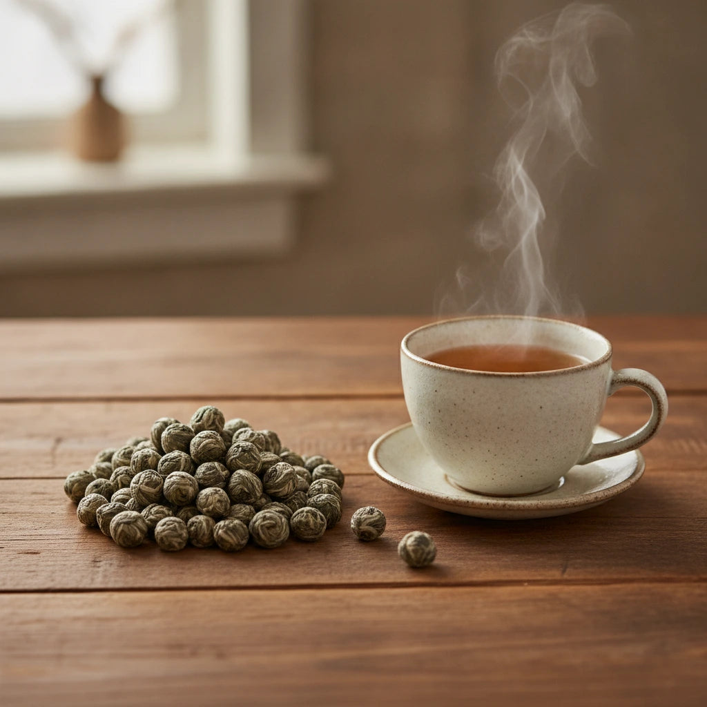 Jasmine Pearls Tea (Camellia Sinensis) | Can you show this tea outside of the bag and bowl, on a table next to a hot tea cup in a rustic home.