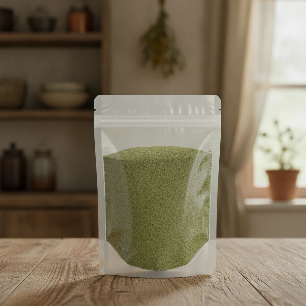 Jiaogulan Herb Powder (Gynostemma Pentaphyllum) | The herb/berry/powder/fruit/root/bark that is in the black bowl, i would like it to shown in a plastic stand up resalable pouch that is clear.