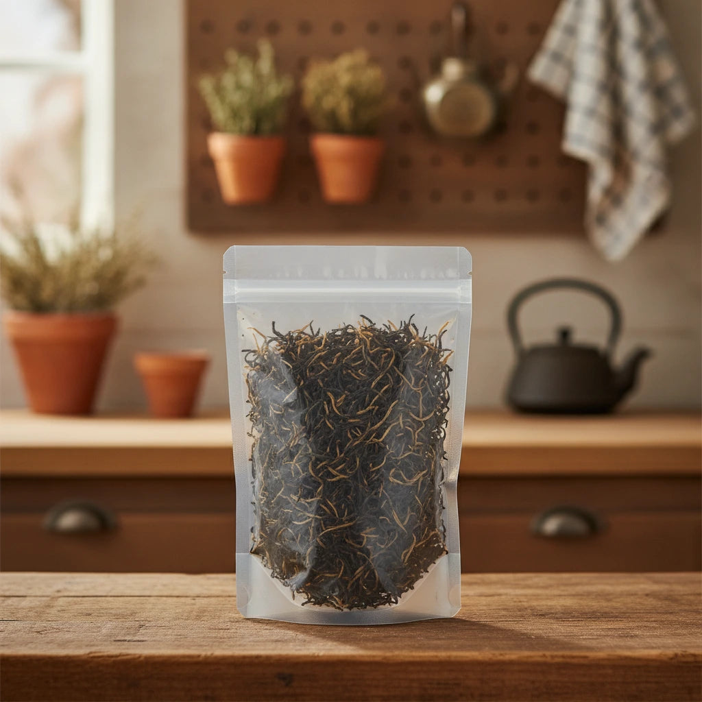 Jin Jun Mei Black Tea (Camellia Sinensis) | The herb/powder/tea that is in the black bowl, i would like it to shown in a plastic stand up resalable bag that is clear.