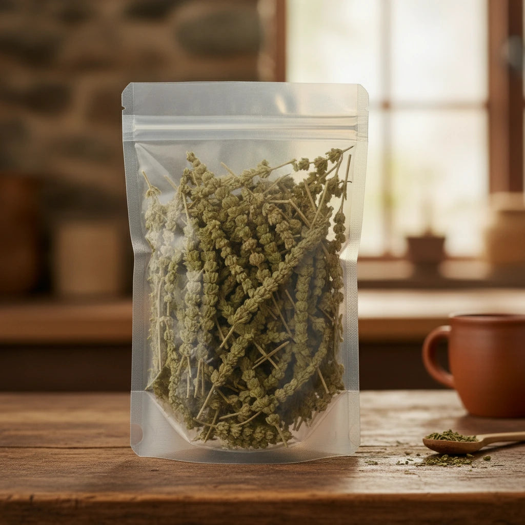 Jing Jie Herb Whole (Schizonepeta Tenuifolia) | The herb/berry/powder/fruit/root/bark that is in the black bowl, i would like it to shown in a plastic stand up resalable pouch that is clear.