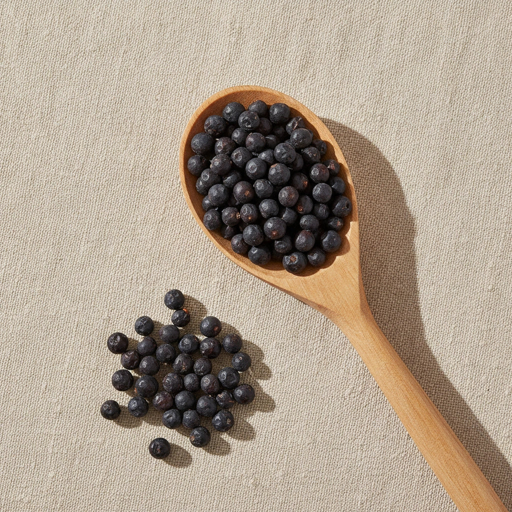 Juniper Berries Whole (German) (Juniperus Communis) | Create a luxurious, photorealistic product photograph featuring the original product naturally arranged in an elegant handcrafted wooden spoon on a soft, finely