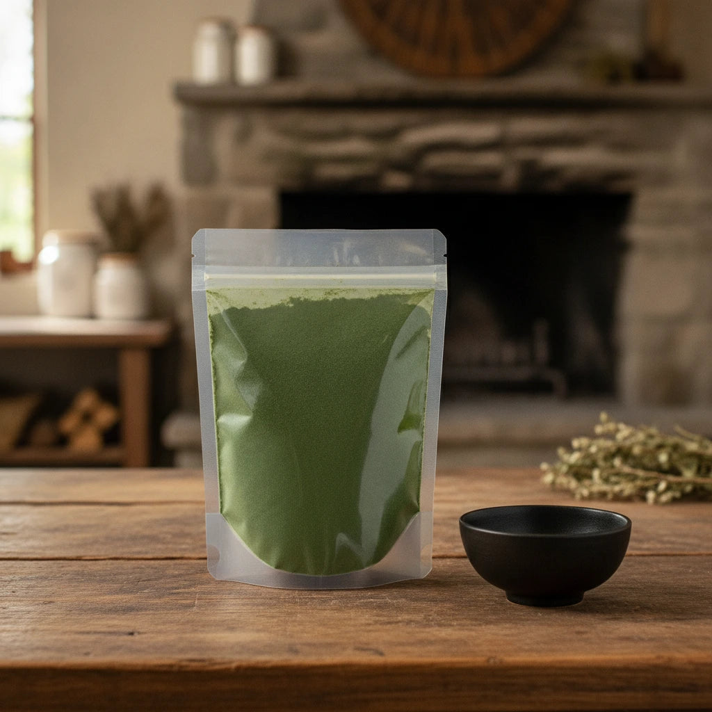 Kale Powder (Brassica Oleracea) | The herb/berry/powder/fruit/root/bark that is in the black bowl, i would like it to shown in a plastic stand up resalable pouch that is clear.