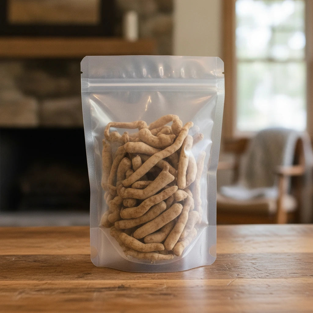 Kansui Root Whole (Euphorbia Kansui) | The herb/berry/powder/fruit/root/bark that is in the black bowl, i would like it to shown in a plastic stand up resalable pouch that is clear.