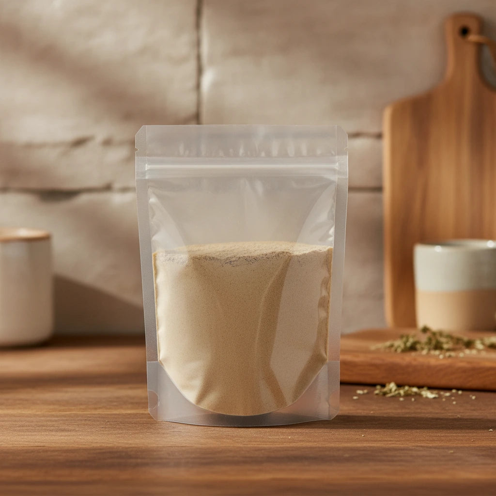 Kava Kava Root Powder (Piper Methysticum) | The herb/berry/powder/fruit/root/bark that is in the black bowl, i would like it to shown in a plastic stand up resalable pouch that is clear.