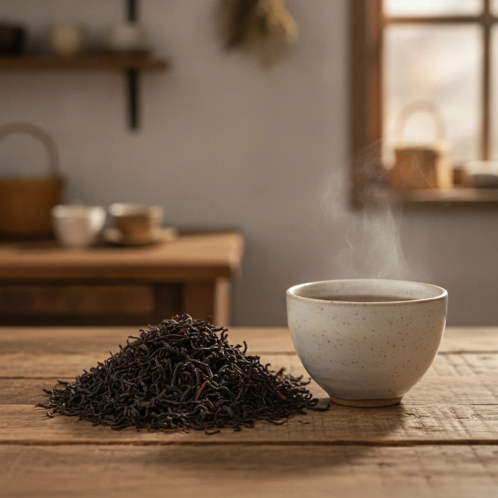 Keemun Black Tea (Camellia Sinensis) | Can you show this tea outside of the bag and bowl, on a table next to a hot tea cup in a rustic home.