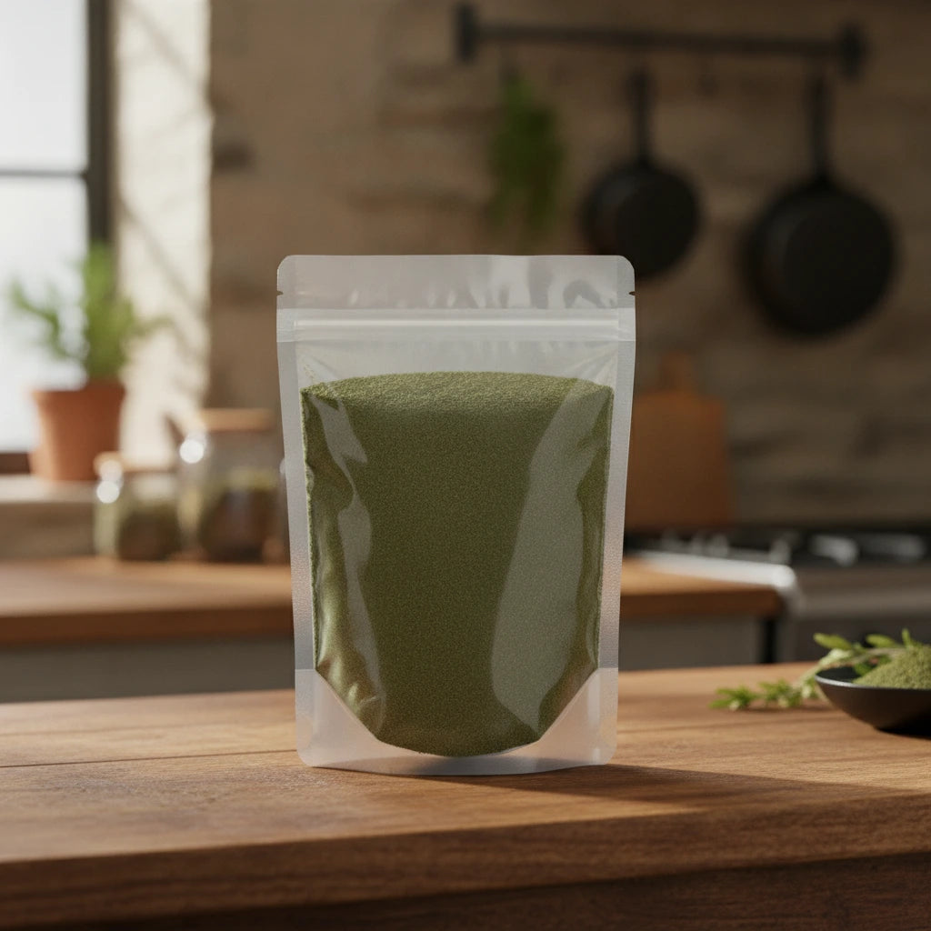 Kelp Powder (Ascophyllum Nodosum) | The herb/berry/powder/fruit/root/bark that is in the black bowl, i would like it to shown in a plastic stand up resalable pouch that is clear.