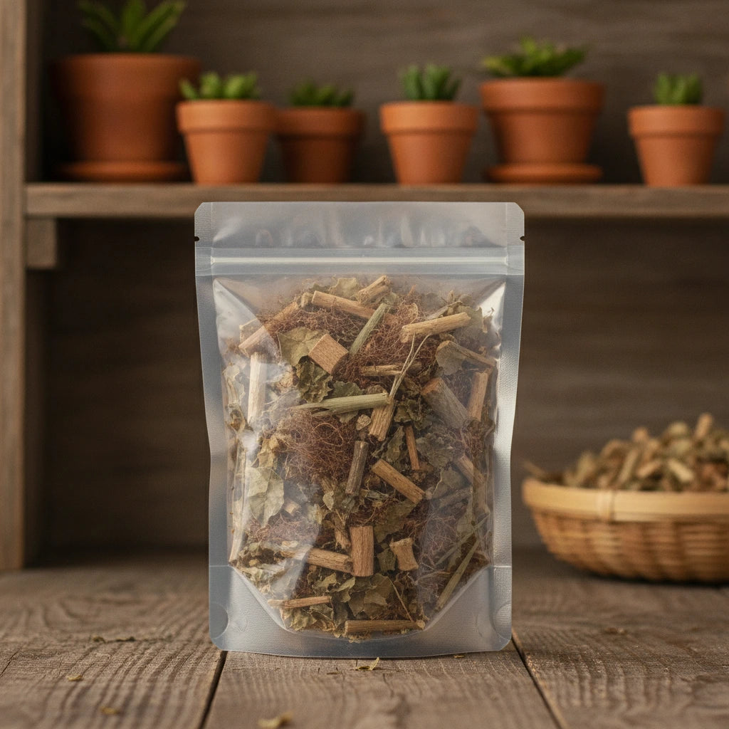 Kidney Herbal Tea | The herb/powder/tea that is in the black bowl, i would like it to shown in a plastic stand up resalable bag that is clear.