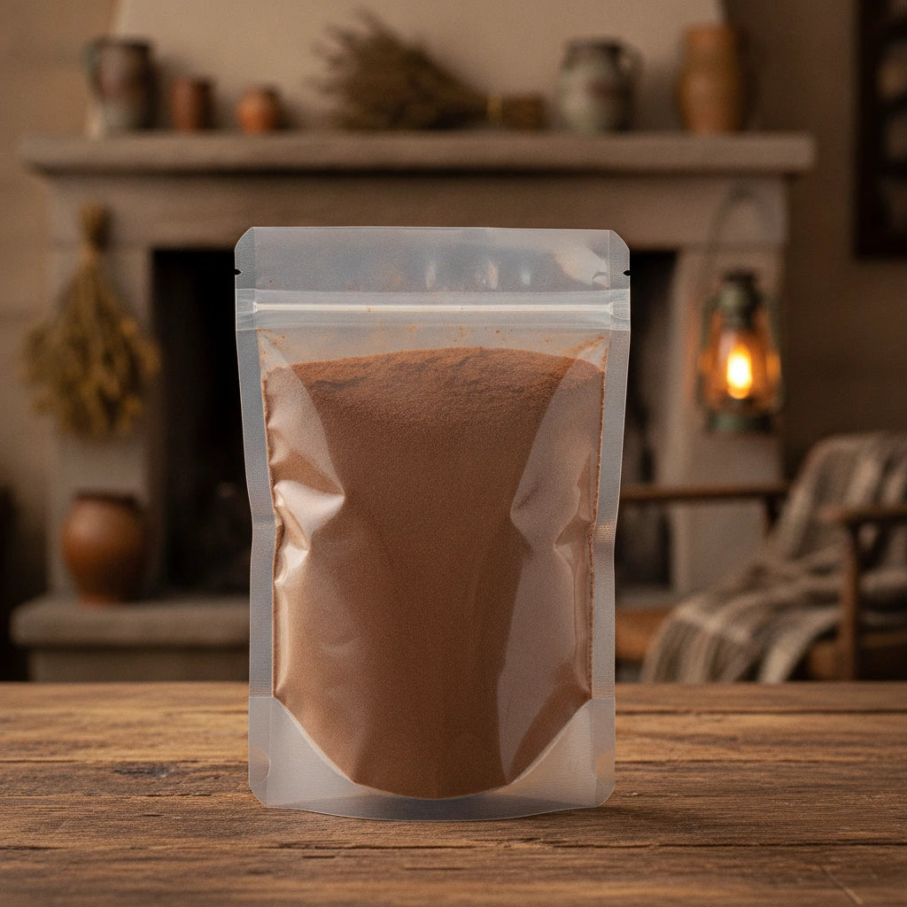Kola Nut Powder (Cola Acuminate) | The herb/berry/powder/fruit/root/bark that is in the black bowl, i would like it to shown in a plastic stand up resalable pouch that is clear.