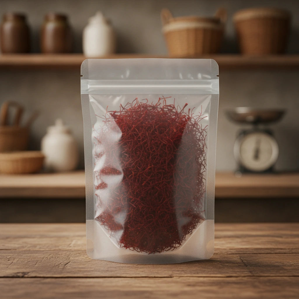 La Mancha Saffron (Crocus sativus) | The herb/berry/powder/fruit/root/bark that is in the black bowl, i would like it to shown in a plastic stand up resalable pouch that is clear.