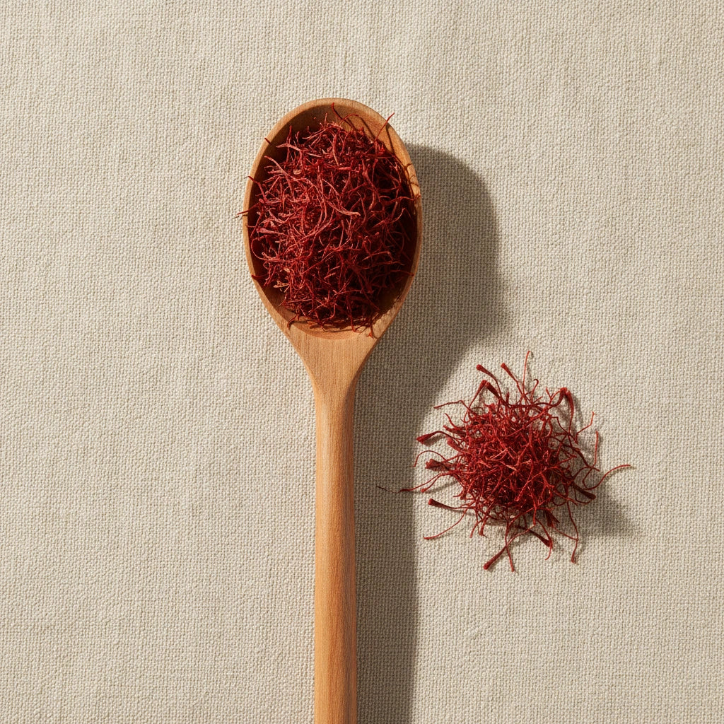 La Mancha Saffron (Crocus sativus) | Create a luxurious, photorealistic product photograph featuring the original product naturally arranged in an elegant handcrafted wooden spoon on a soft, finely