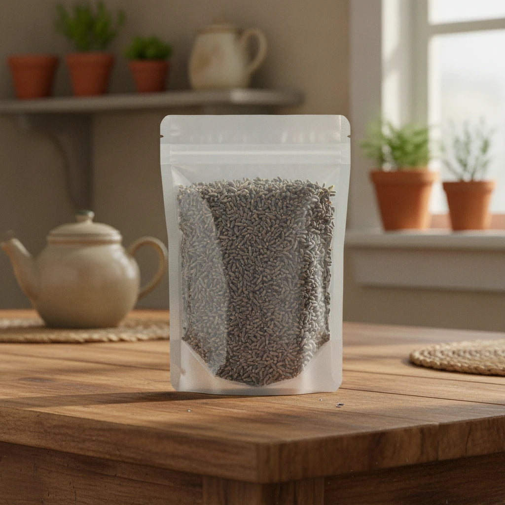 Lavender Flowers Whole (Lavandula Angustifolia) | The herb/berry/powder/fruit/root/bark that is in the black bowl, i would like it to shown in a plastic stand up resalable pouch that is clear.