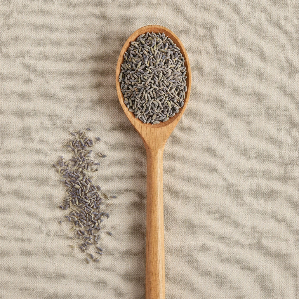 Lavender Flowers Whole (Lavandula Angustifolia) | Create a luxurious, photorealistic product photograph featuring the original product naturally arranged in an elegant handcrafted wooden spoon on a soft, finely