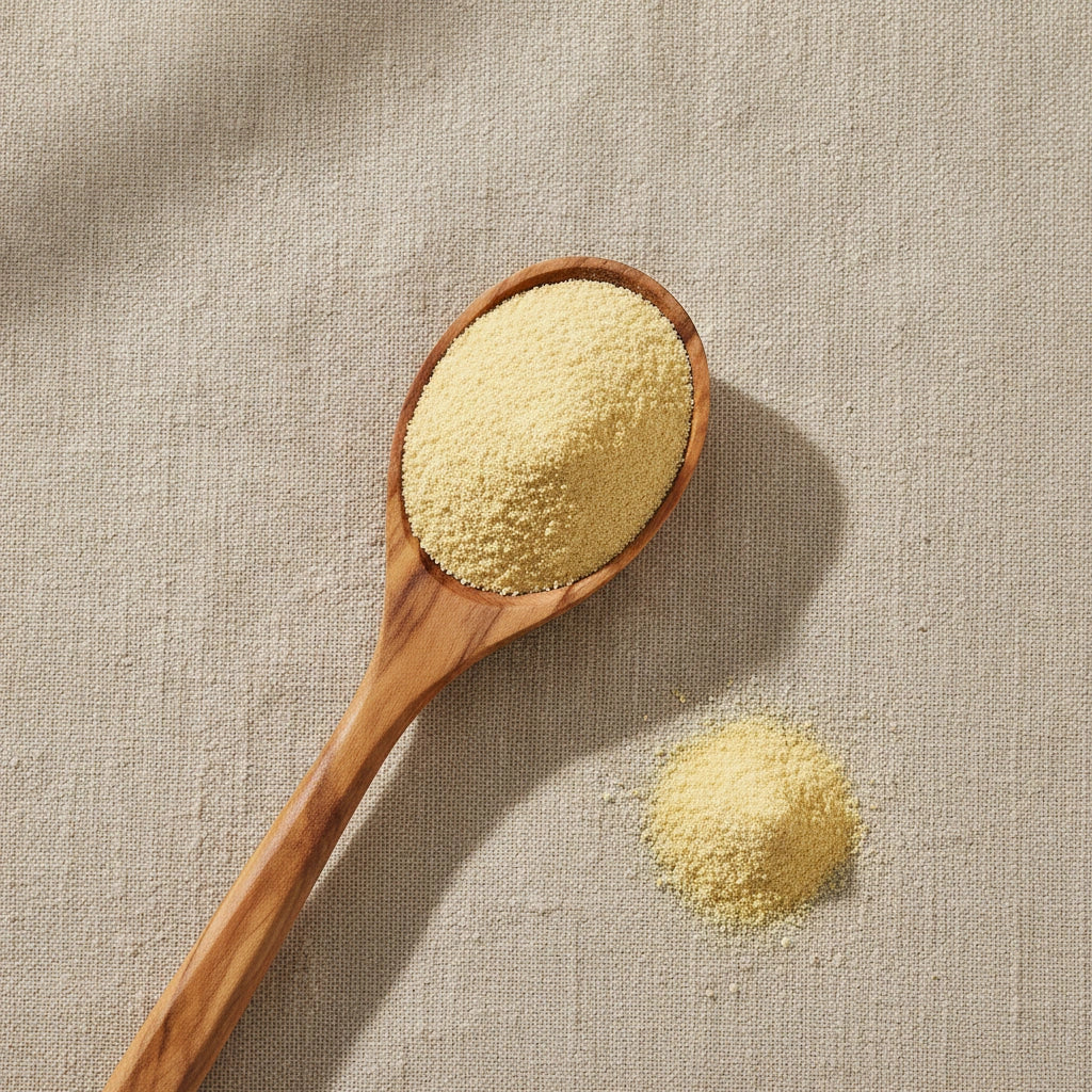 Lecithin Soy Powder (Phosphatidyl Choline) | Create a luxurious, photorealistic product photograph featuring the original product naturally arranged in an elegant handcrafted wooden spoon on a soft, finely