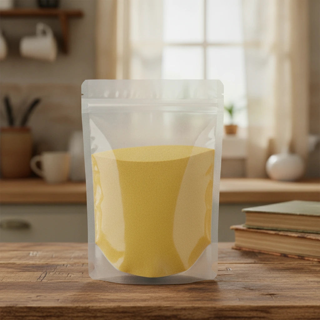 Lemon Peel Powder (Citrus Limon) | The herb/berry/powder/fruit/root/bark that is in the black bowl, i would like it to shown in a plastic stand up resalable pouch that is clear.