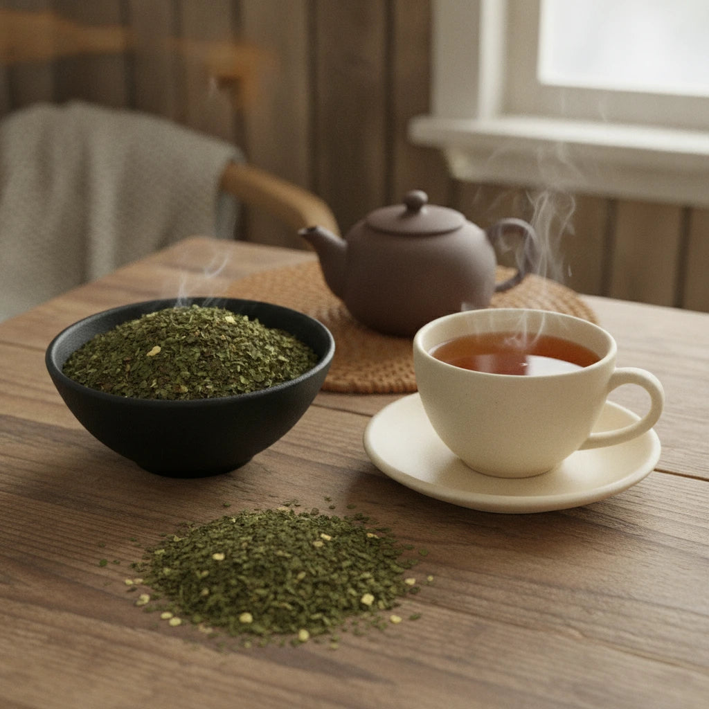 Licorice Mint Herbal Tea | Can you show this tea outside of the bag and bowl, on a table next to a hot tea cup in a rustic home.