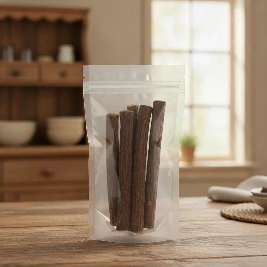 Licorice Root Whole Sticks (Glycyrrhiza Glabra) | The herb/berry/powder/fruit/root/bark that is in the black bowl, i would like it to shown in a plastic stand up resalable pouch that is clear.