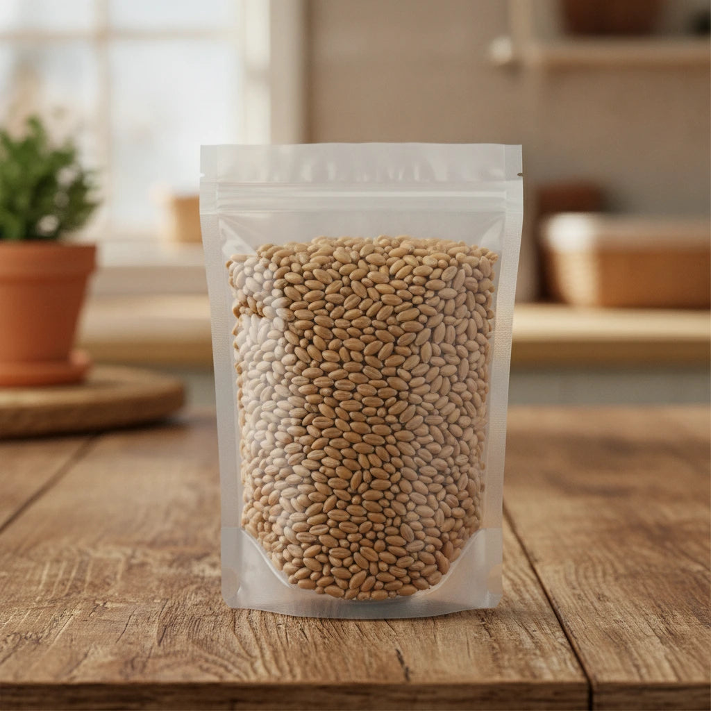 Light Wheat Grain Whole (Triticum Aestivum) | The herb/berry/powder/fruit/root/bark/seeds that is in the black bowl, i would like it to shown in a plastic stand up resalable pouch that is clear.