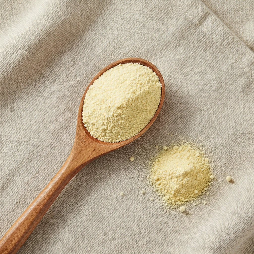 Lime Juice Powder (Citrus × Latifolia) | Create a luxurious, photorealistic product photograph featuring the original product naturally arranged in an elegant handcrafted wooden spoon on a soft, finely