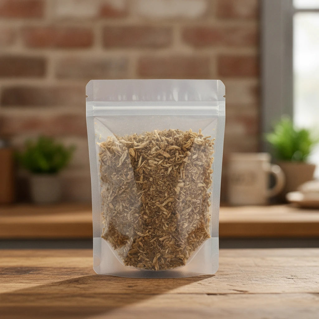 Lomatium Root Cut (Lomatium dissectum) | The herb/berry/powder/fruit/root/bark that is in the black bowl, i would like it to shown in a plastic stand up resalable pouch that is clear.