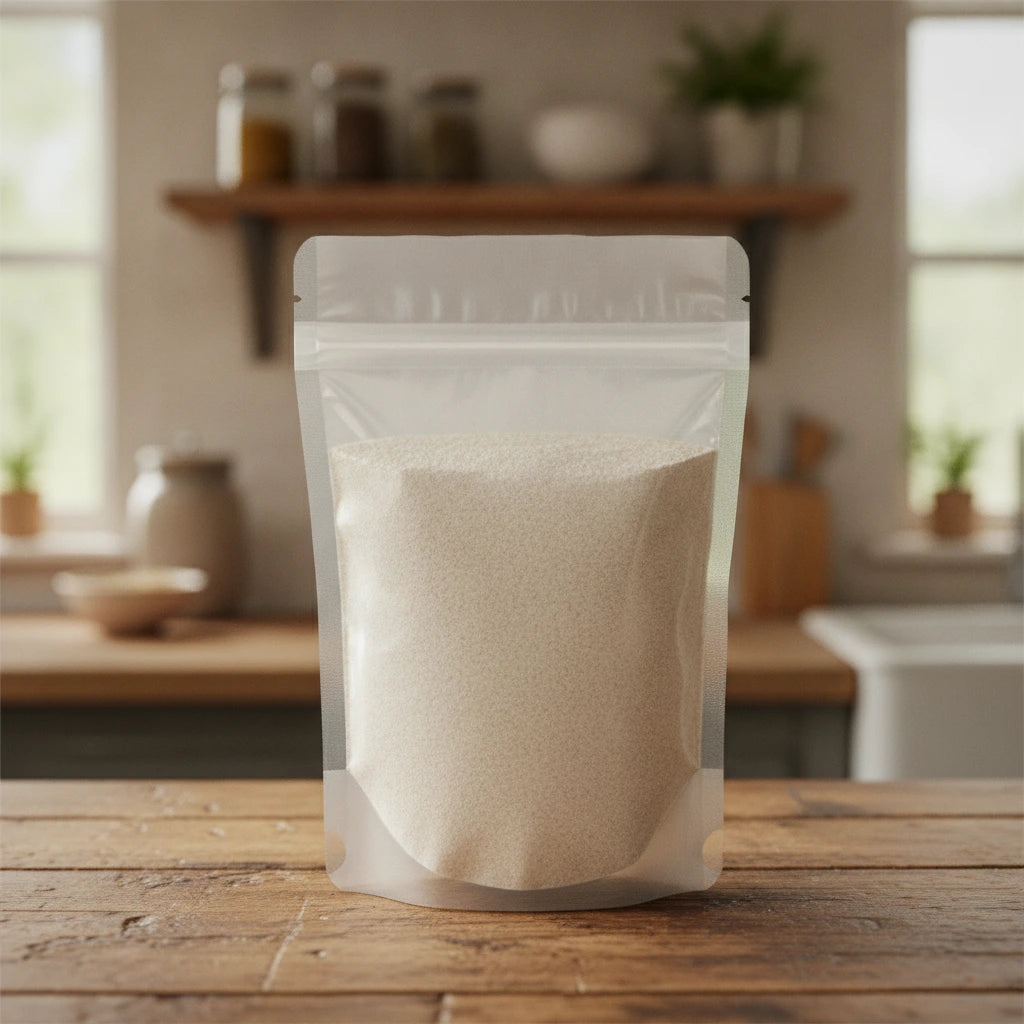 Lotus Seed Powder (Nelumbo Nucifera) | The herb/berry/powder/fruit/root/bark that is in the black bowl, i would like it to shown in a plastic stand up resalable pouch that is clear.