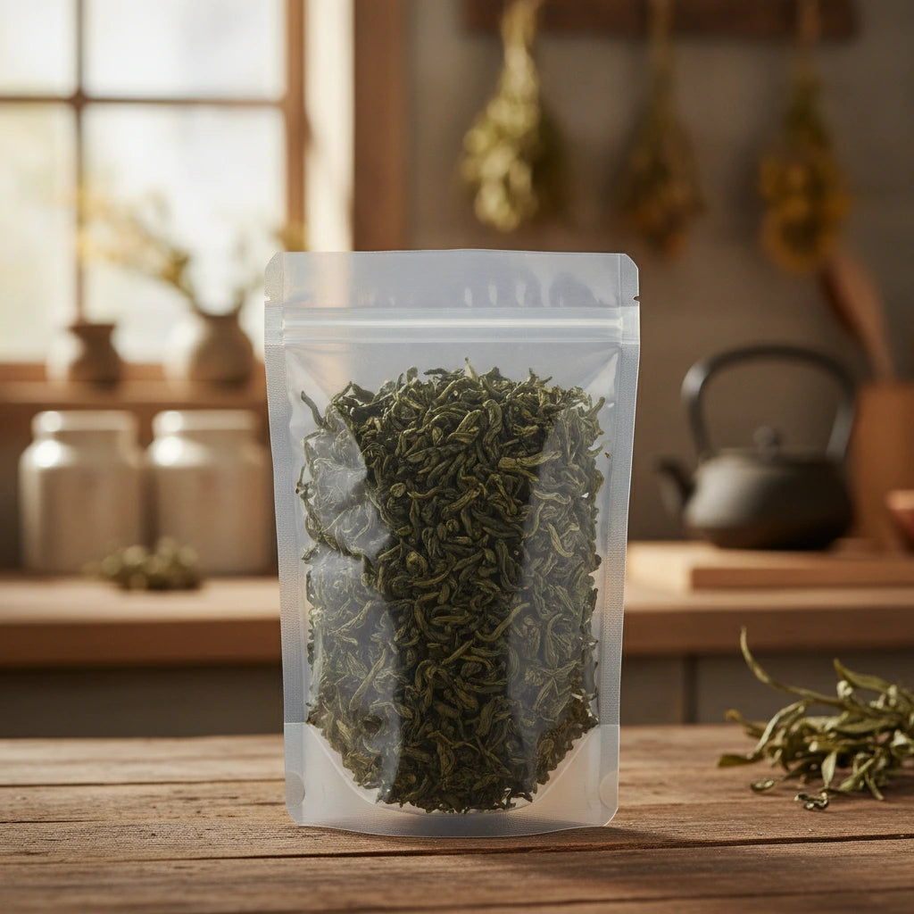 Lucky Dragon Young Hyson Green Tea (Camellia Sinensis) | The herb/powder/tea that is in the black bowl, i would like it to shown in a plastic stand up resalable bag that is clear.