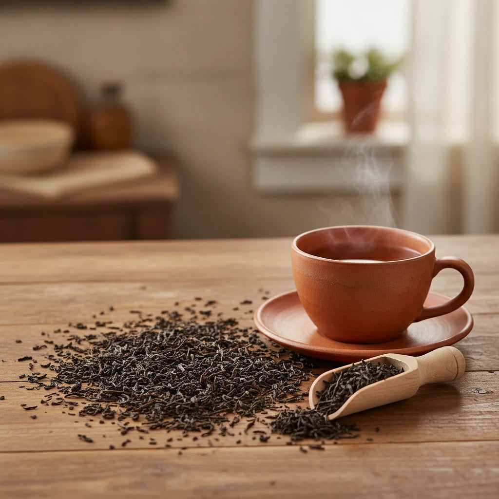 Lychee Black Tea (Camellia Sinensis) | Can you show this tea outside of the bag and bowl, on a table next to a hot tea cup in a rustic home.