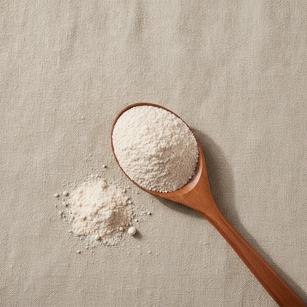 Lychee Juice Powder (Litchi Chinensis) | Create a luxurious, photorealistic product photograph featuring the original product naturally arranged in an elegant handcrafted wooden spoon on a soft, finely