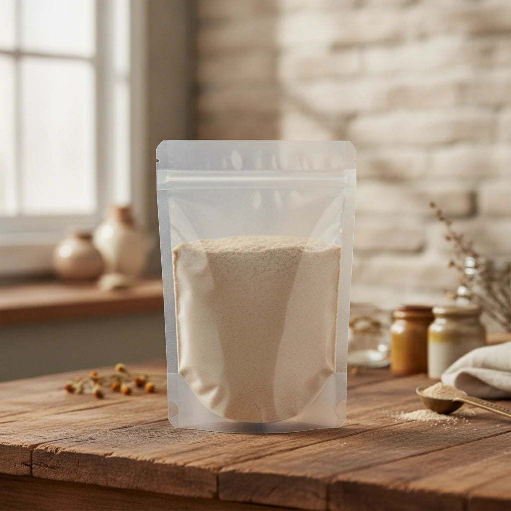MacaXtra® Powder (Lepidium Meyenii) | The herb/berry/powder/fruit/root/bark that is in the black bowl, i would like it to shown in a plastic stand up resalable pouch that is clear.