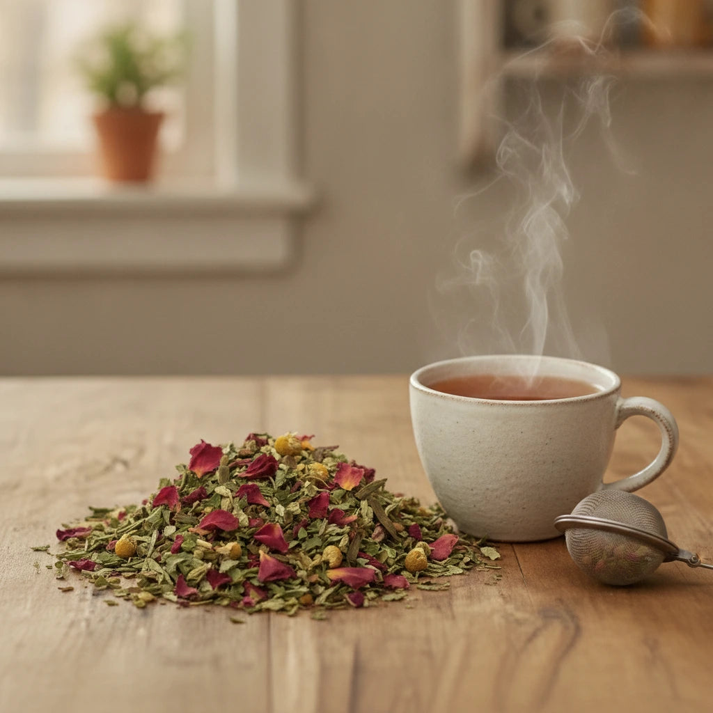 Mama To Be Herbal Tea | Can you show this tea outside of the bag and bowl, on a table next to a hot tea cup in a rustic home.