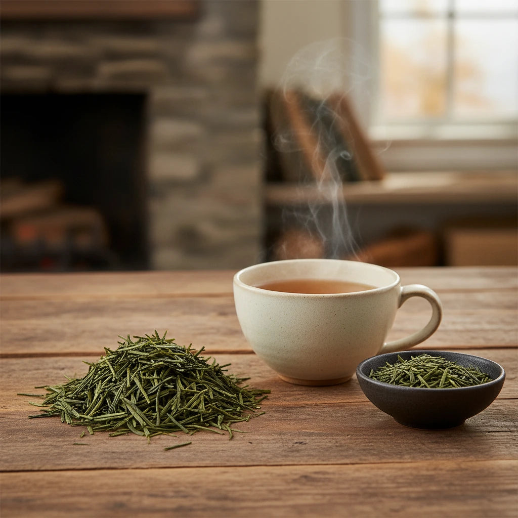 Mandarin Green Tea (Camellia Sinensis) | Can you show this tea outside of the bag and bowl, on a table next to a hot tea cup in a rustic home.