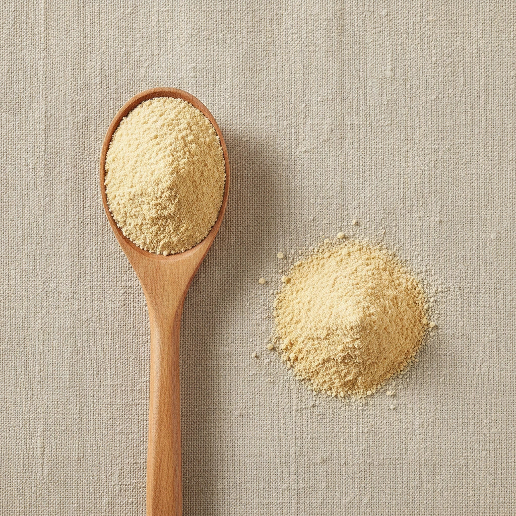 Mandarin Tangerine Juice Powder (Citrus Reticulata Blanco) | Create a luxurious, photorealistic product photograph featuring the original product naturally arranged in an elegant handcrafted wooden spoon on a soft, finely