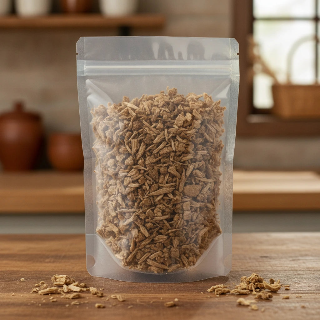 Marshmallow Root Cut (Althea Officinalis) | The herb/berry/powder/fruit/root/bark that is in the black bowl, i would like it to shown in a plastic stand up resalable pouch that is clear.