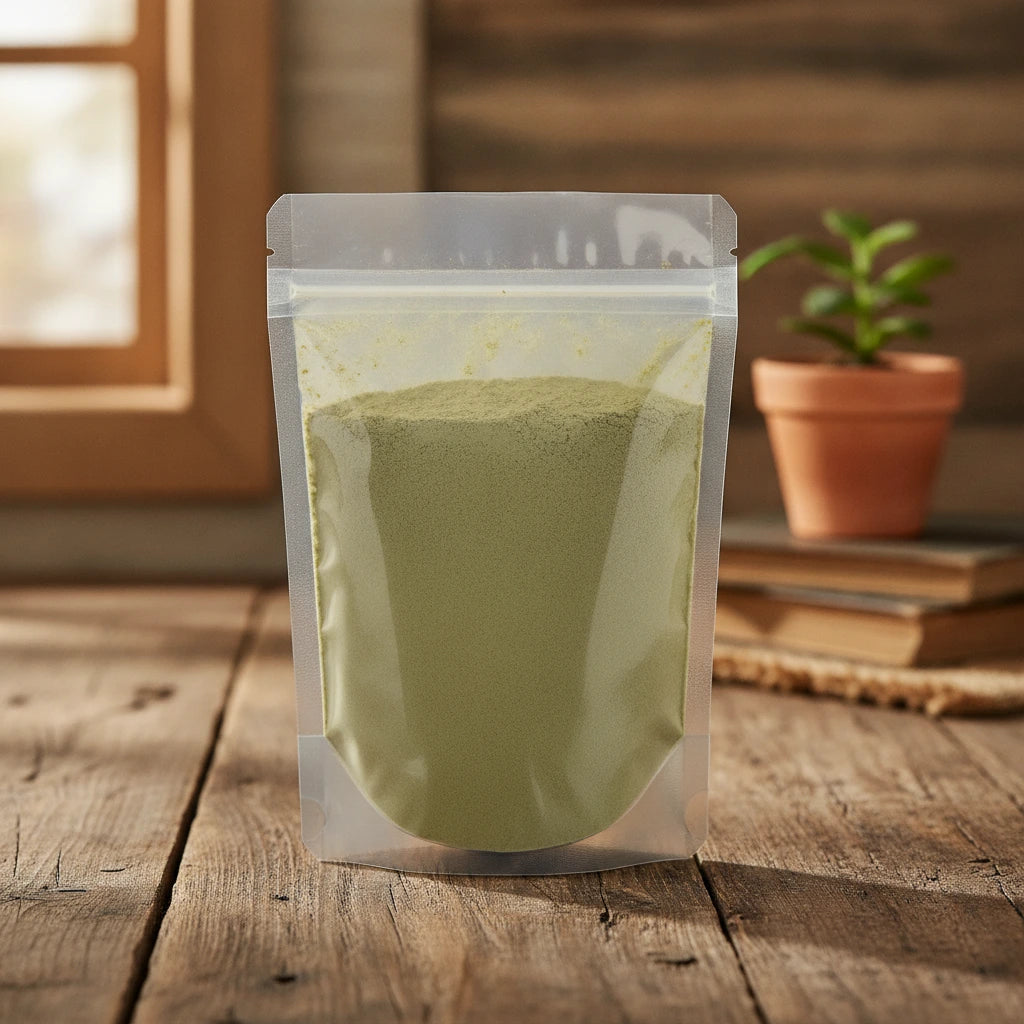 Mexican Honeysuckle Herb Powder (Justicia Spicigera) | The herb/berry/powder/fruit/root/bark that is in the black bowl, i would like it to shown in a plastic stand up resalable pouch that is clear.