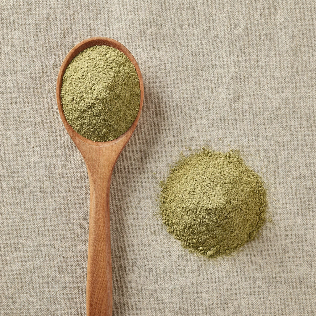 Mexican Honeysuckle Herb Powder (Justicia Spicigera) | Create a luxurious, photorealistic product photograph featuring the original product naturally arranged in an elegant handcrafted wooden spoon on a soft, finely