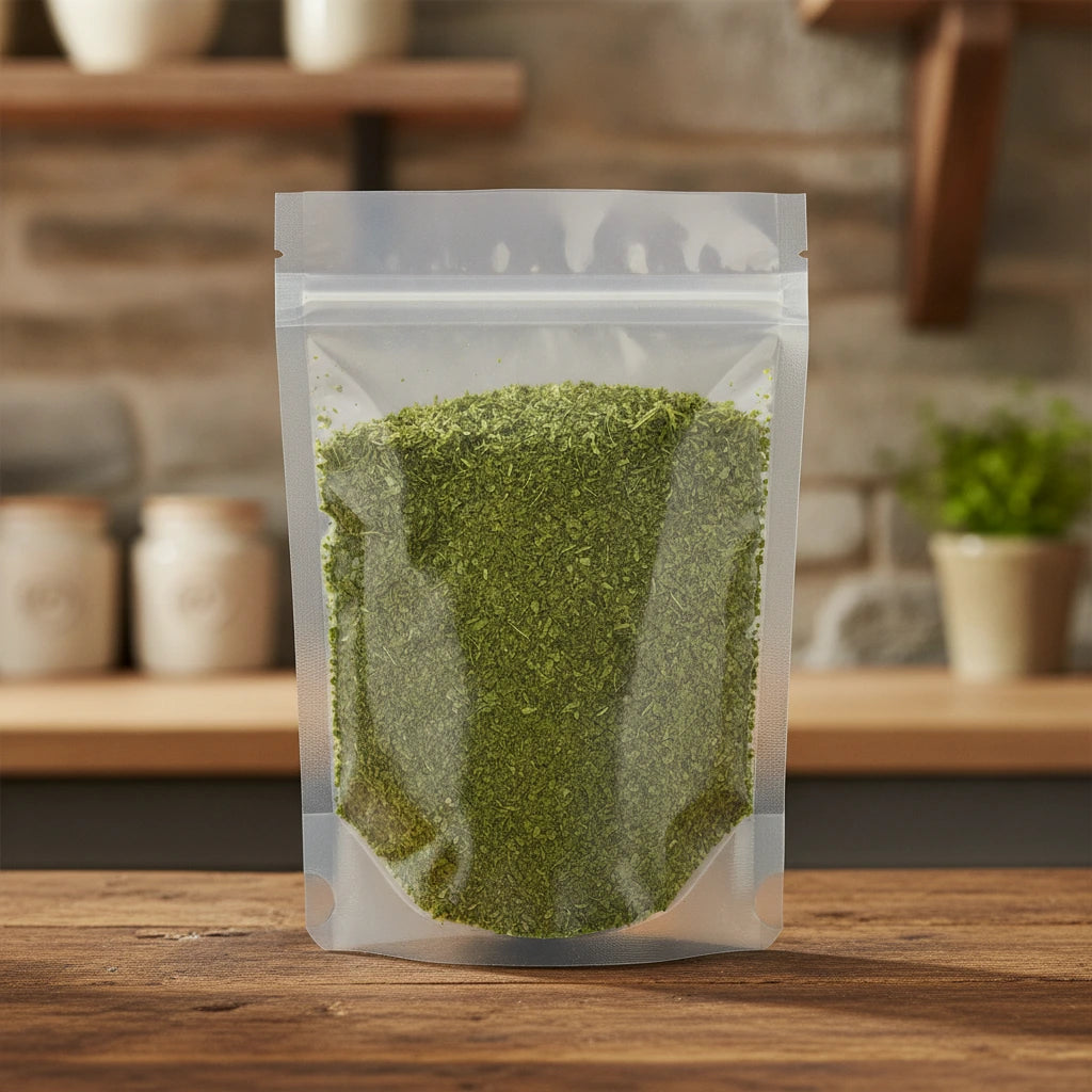 Moringa Leaf Cut (Moringa Oleifera) | The herb/berry/powder/fruit/root/bark that is in the black bowl, i would like it to shown in a plastic stand up resalable pouch that is clear.
