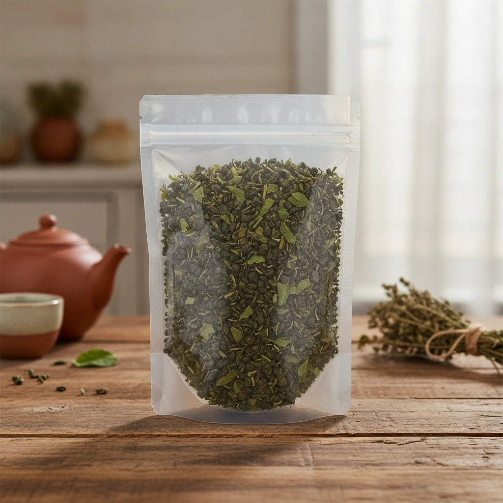 Moroccan Mint Green Tea (Camellia Sinensis) | The herb/powder/tea that is in the black bowl, i would like it to shown in a plastic stand up resalable bag that is clear.