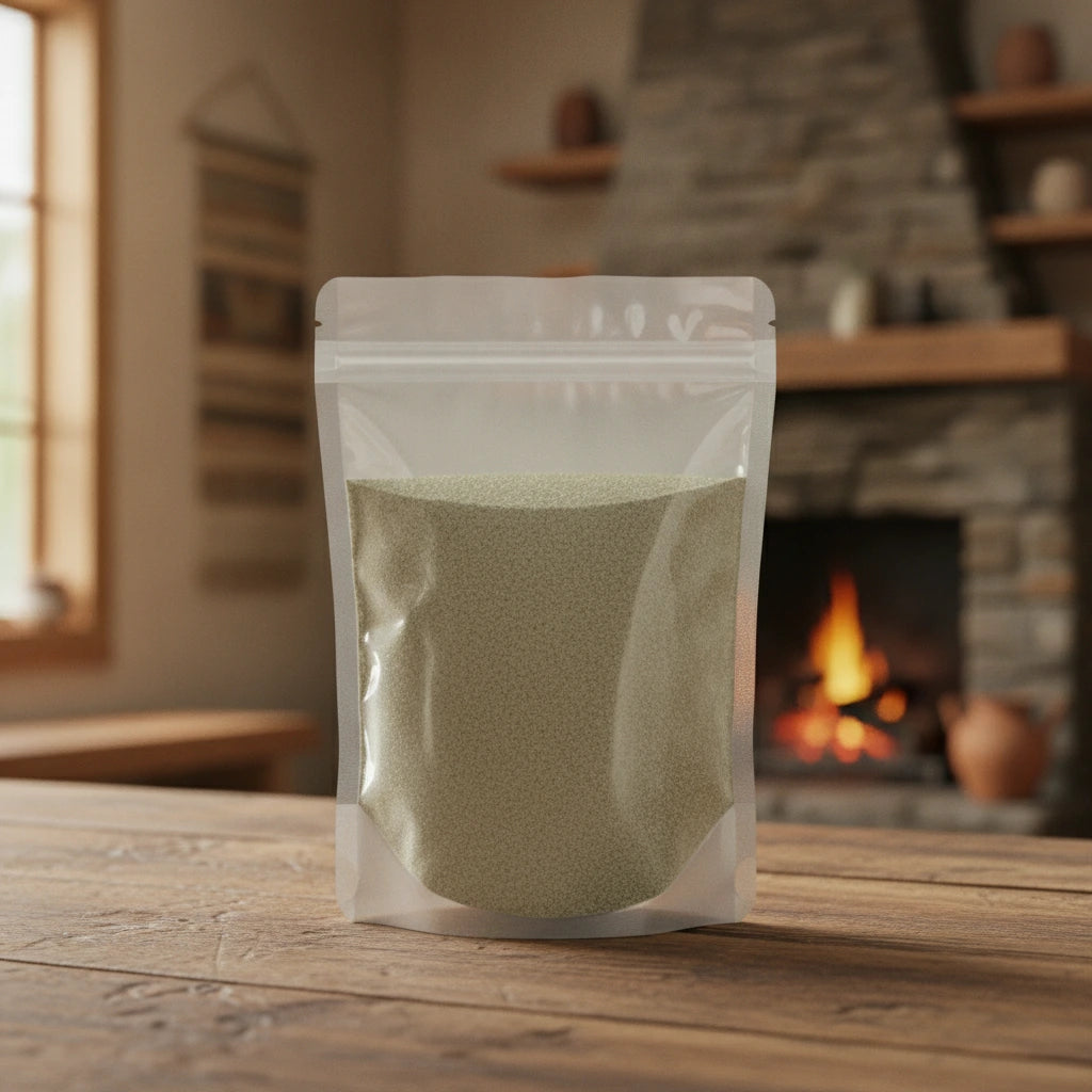 Mugwort Herb Powder (Artemisia Vulgaris) | The herb/berry/powder/fruit/root/bark that is in the black bowl, i would like it to shown in a plastic stand up resalable pouch that is clear.