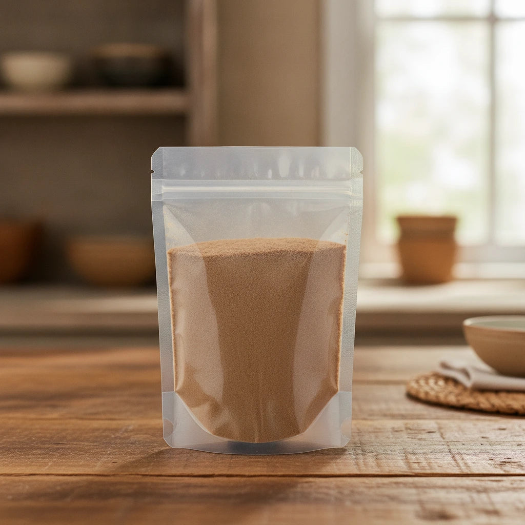 Muira Puama Bark Powder (Ptychopetalum Olacoides) | The herb/berry/powder/fruit/root/bark that is in the black bowl, i would like it to shown in a plastic stand up resalable pouch that is clear.