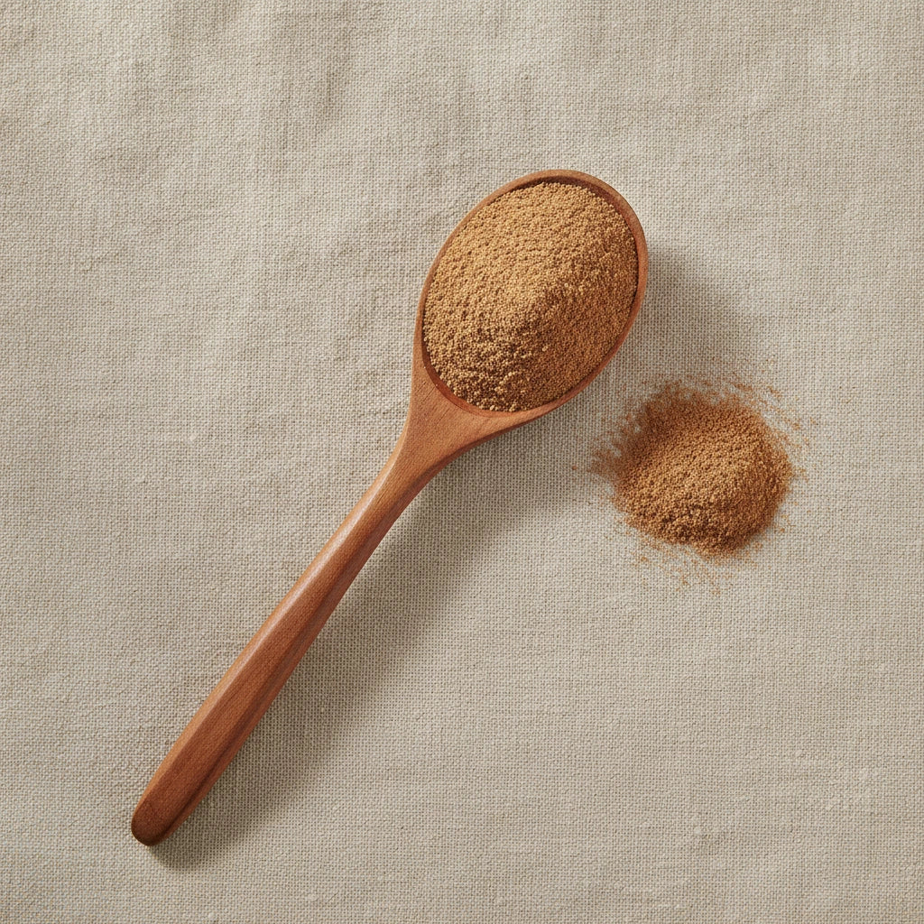 Muira Puama Bark Powder (Ptychopetalum Olacoides) | Create a luxurious, photorealistic product photograph featuring the original product naturally arranged in an elegant handcrafted wooden spoon on a soft, finely
