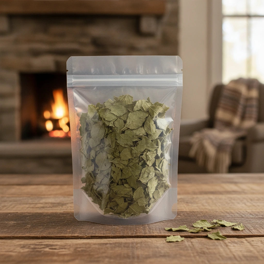 Mulberry Leaf Cut (Folium Mori) | The herb/berry/powder/fruit/root/bark that is in the black bowl, i would like it to shown in a plastic stand up resalable pouch that is clear.