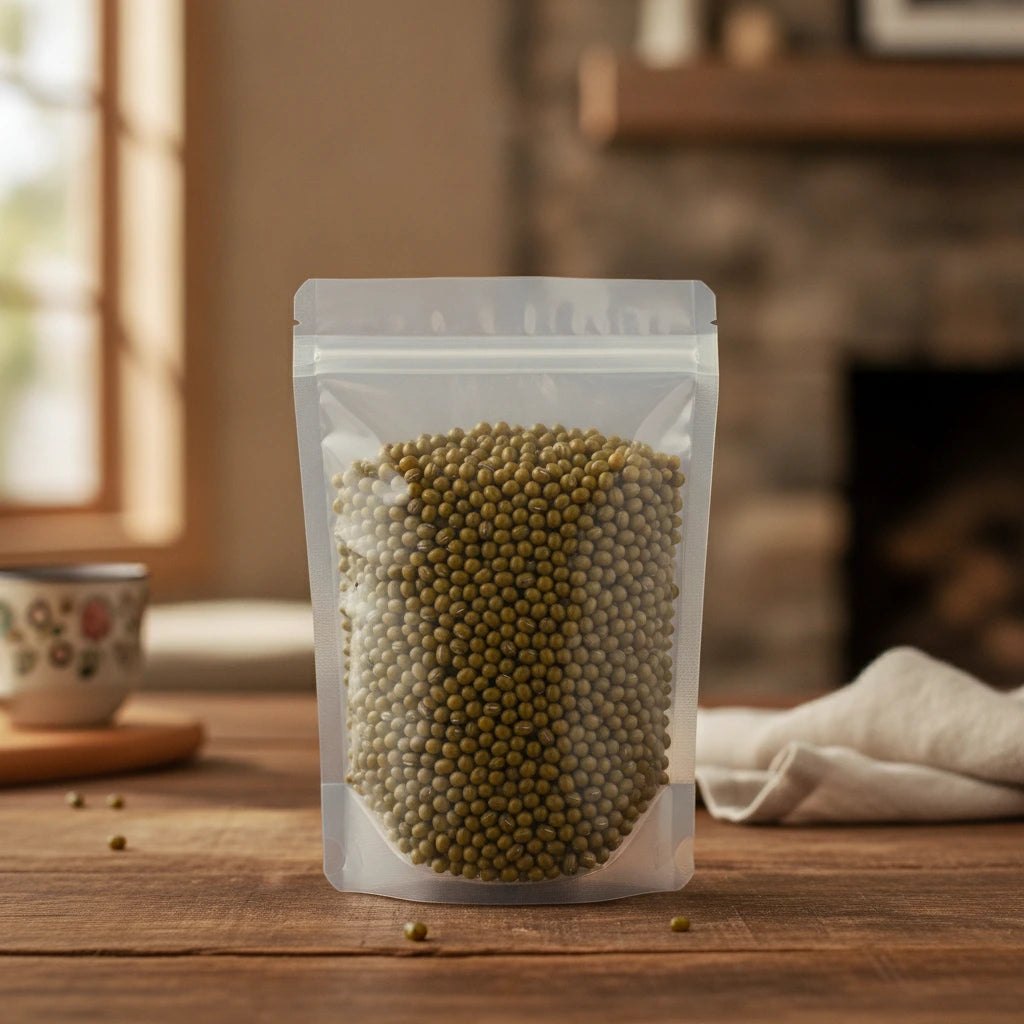 Mung Beans Whole (Vigna Radiata) | The herb/berry/powder/fruit/root/bark/seeds that is in the black bowl, i would like it to shown in a plastic stand up resalable pouch that is clear.