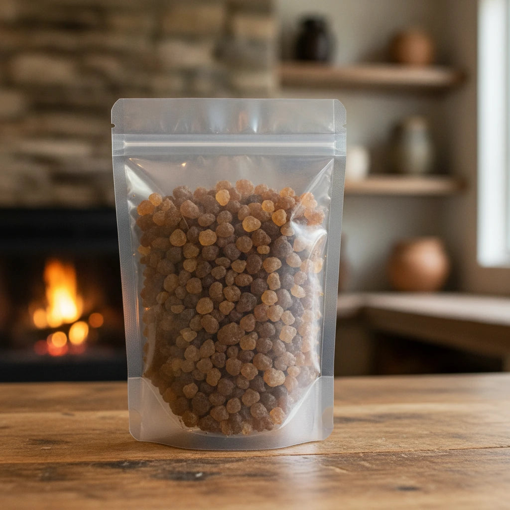 Myrrh Gum Pieces (Commiphora Molmol) | The herb/berry/powder/fruit/root/bark that is in the black bowl, i would like it to shown in a plastic stand up resalable pouch that is clear.