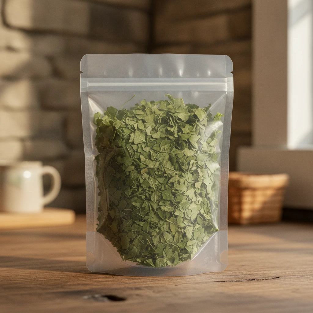Neem Leaf Cut (Azadirachta Indica) | The herb/berry/powder/fruit/root/bark that is in the black bowl, i would like it to shown in a plastic stand up resalable pouch that is clear.