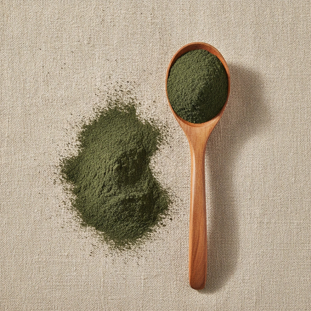Nettle Leaf Powder (Urtica Dioica) | Create a luxurious, photorealistic product photograph featuring the original product naturally arranged in an elegant handcrafted wooden spoon on a soft, finely